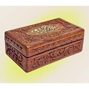Vintage Hand carved Wood Trinket Jewelry Box Inlay Flower India 8" x 5" x 3"